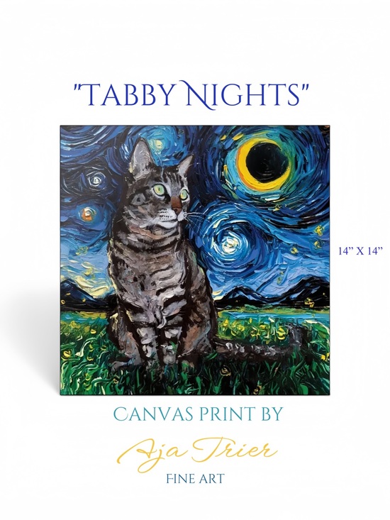 Aja Trier Other - “Tabby Nights” Stretched Canvas Print by Aja Trier-  Van Gogh inspired.